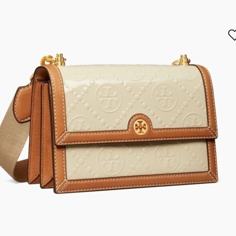 New Tory Burch T MONOGRAM PATENT EMBOSSED SMALL SHOULDER BAG